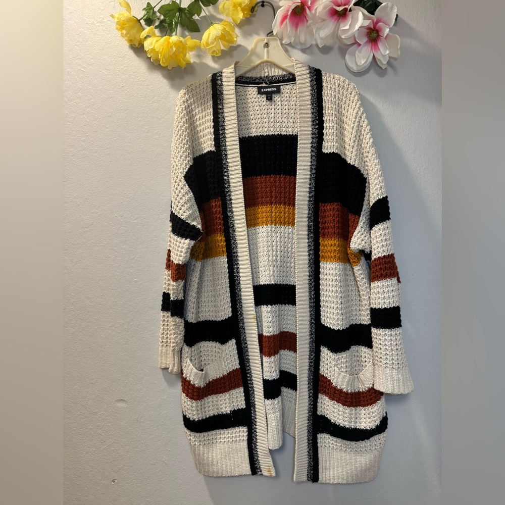 Express Cream Open-Front Cardigan with Black, Rust & Mustard Stripes